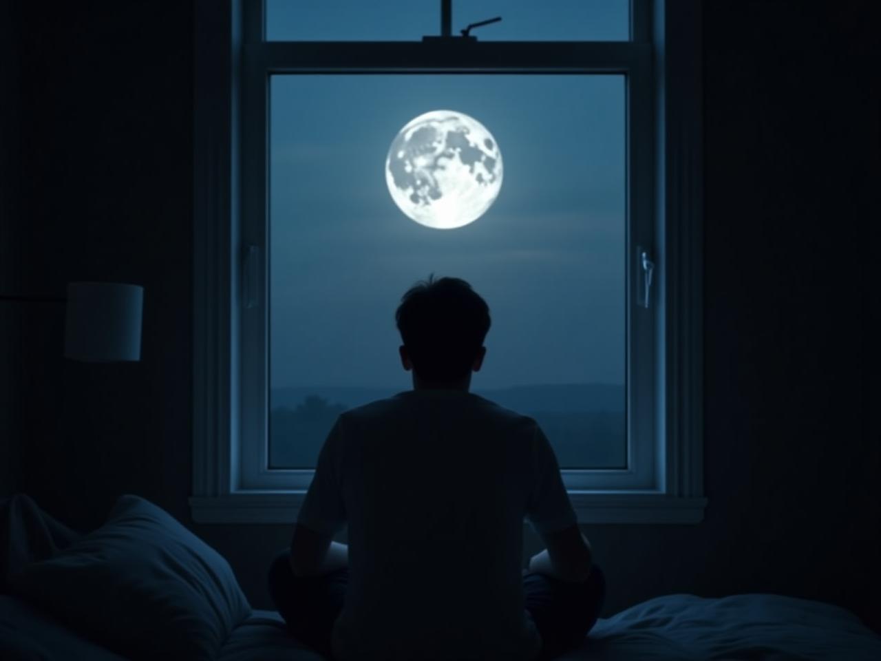 A person looking out the window at a full moon, unable to sleep.
