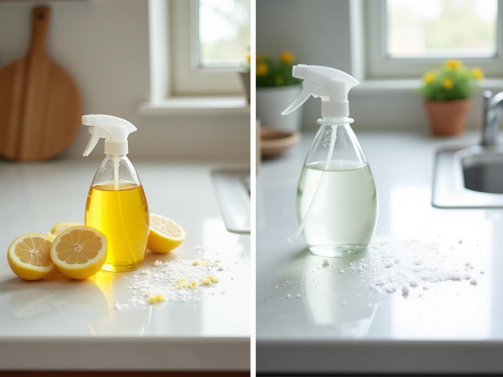 A messy kitchen counter before cleaning, and a sparkling clean counter after using natural cleaning solutions like lemon, baking soda, and vinegar.