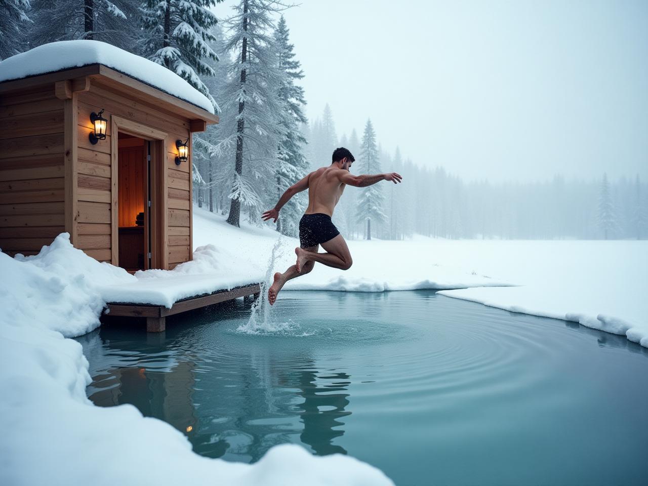A person jumping into a frozen lake after leaving a sauna, surrounded by snow and trees.