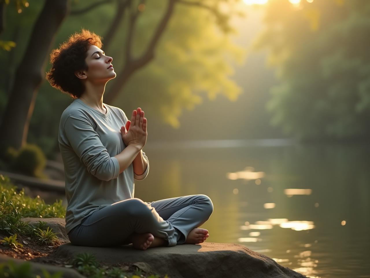A person practicing deep breathing in a peaceful setting, possibly near nature.