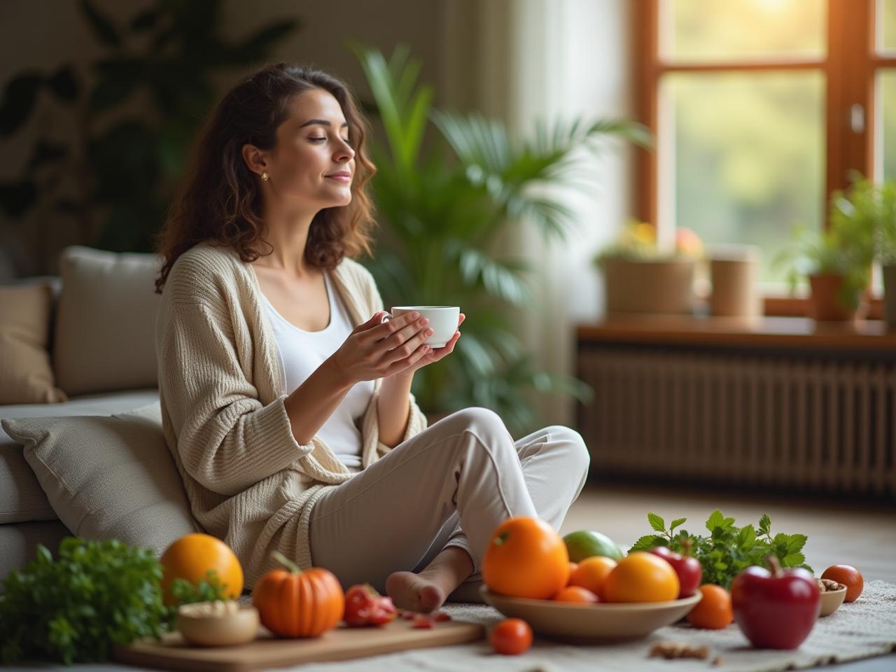 A person sitting peacefully with a cup of tea, surrounded by healthy food, looking relaxed.