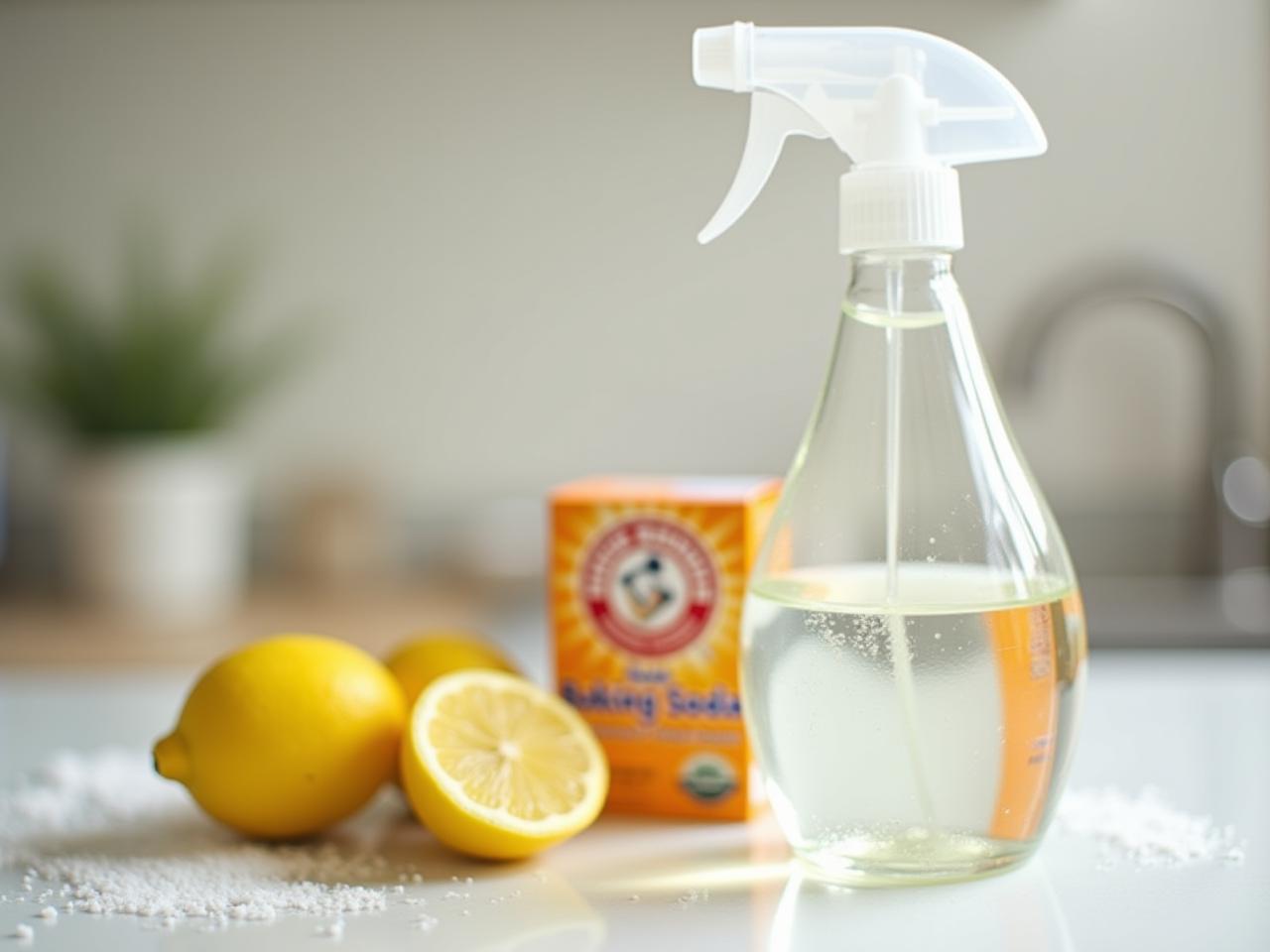 A sparkling clean kitchen counter with a lemon cut in half, a box of baking soda, and a spray bottle with vinegar mixture.