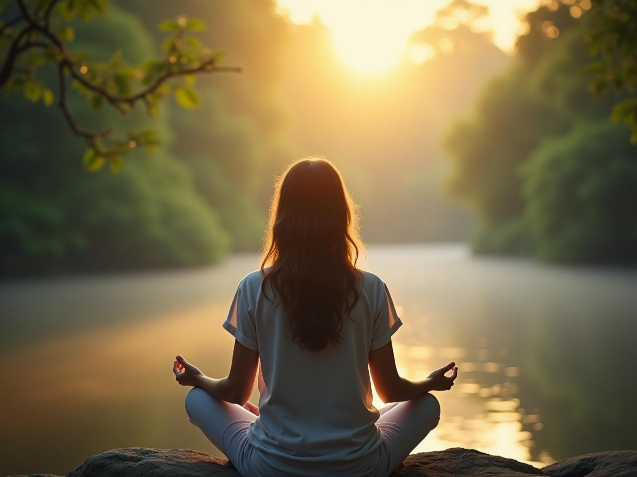 A person meditating in a calm environment, surrounded by nature. The image conveys a sense of peace and tranquility.