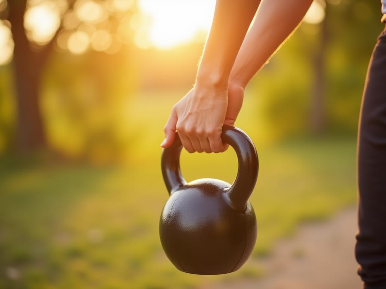 A person lifting a kettlebell in a sunny outdoor setting, emphasizing the connection between movement and nature.