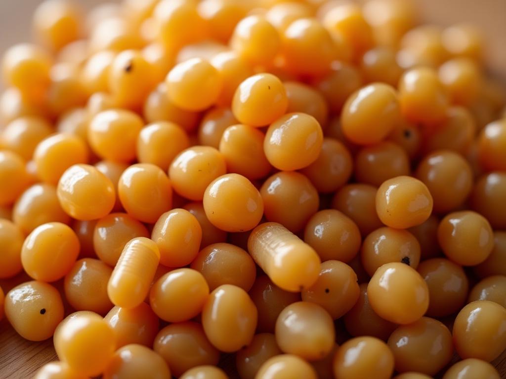 Close up of fermented soybeans (Natto) and Nattokinase pills in capsules.
