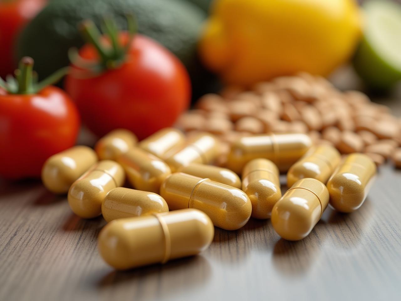 Close-up of zinc supplement capsules with a background of various zinc-rich foods.