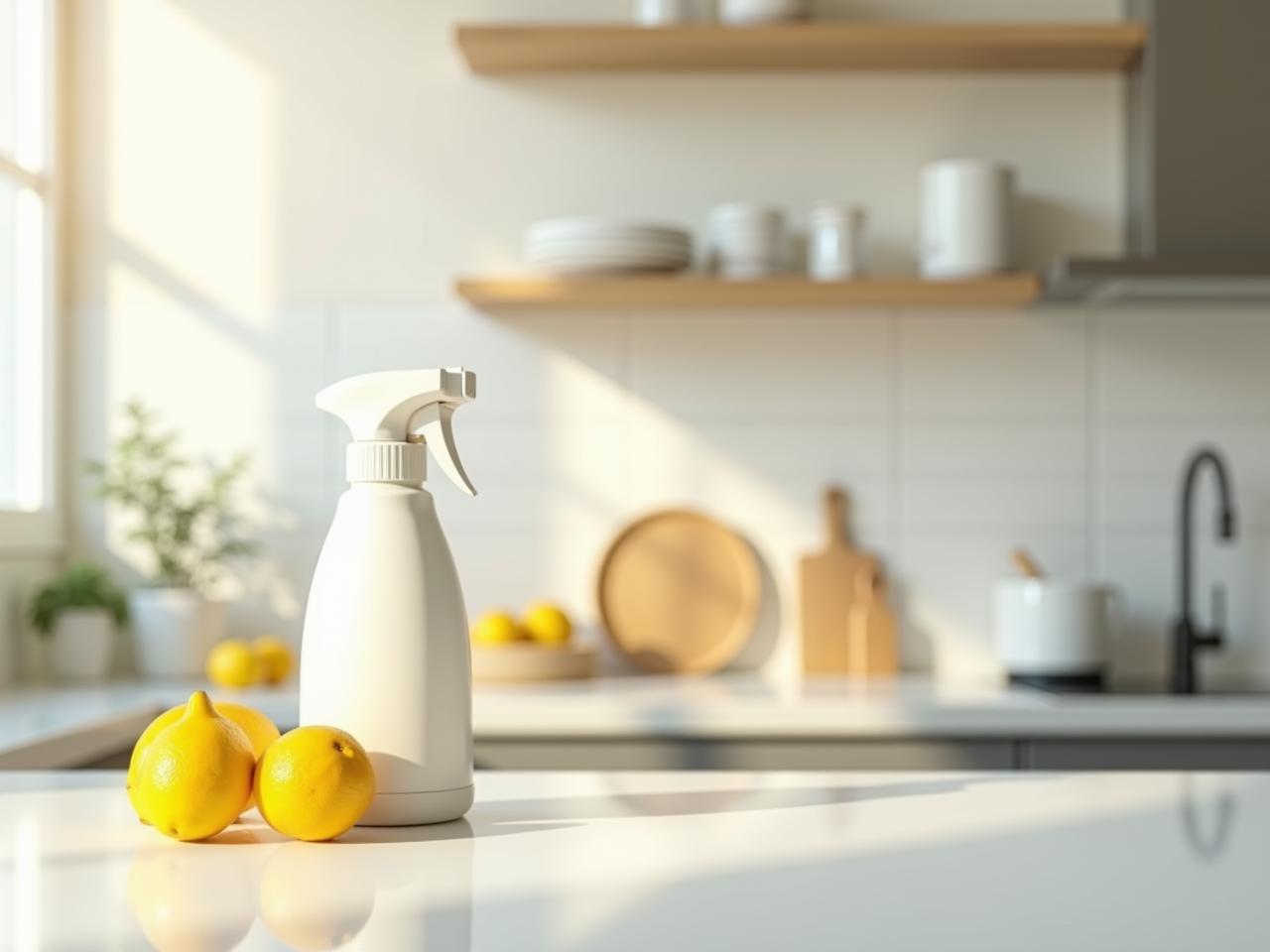A sparkling clean kitchen with lemons and baking soda on the counter.