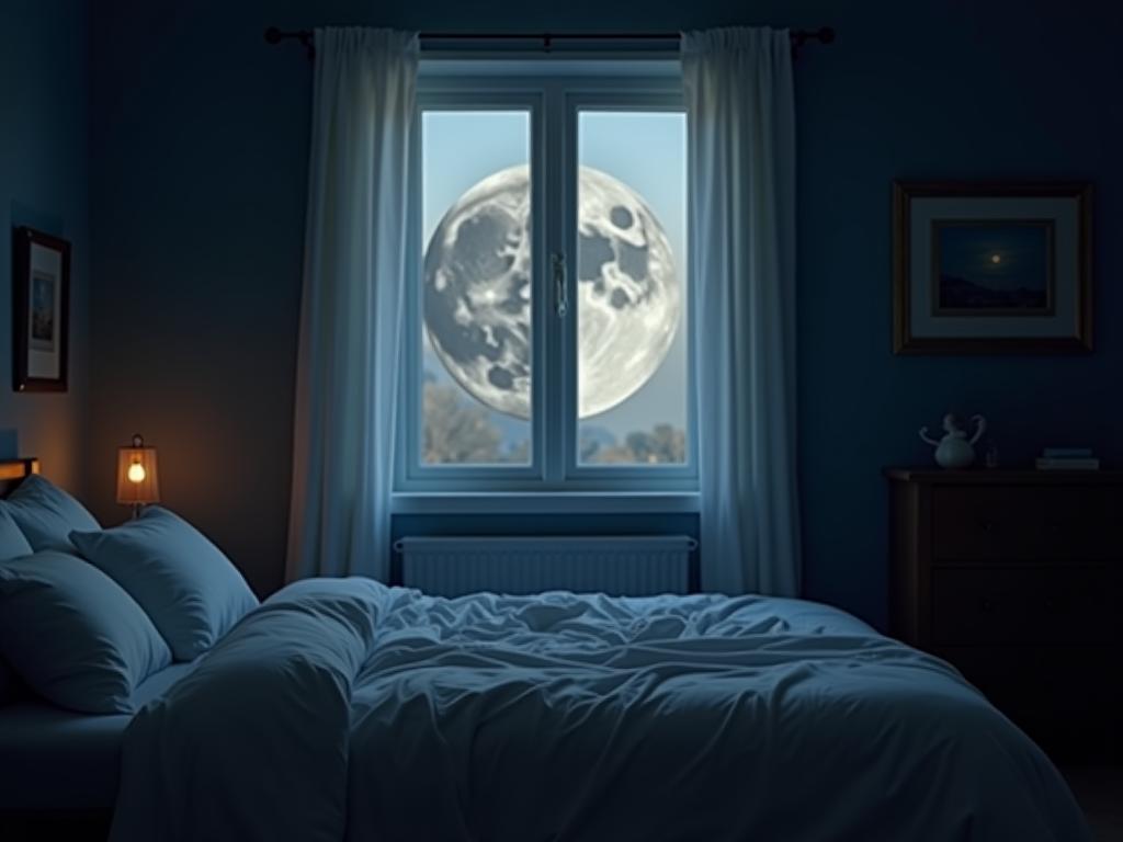 A serene bedroom with moonlight streaming through the window, promoting restful sleep and connecting to the lunar cycle.