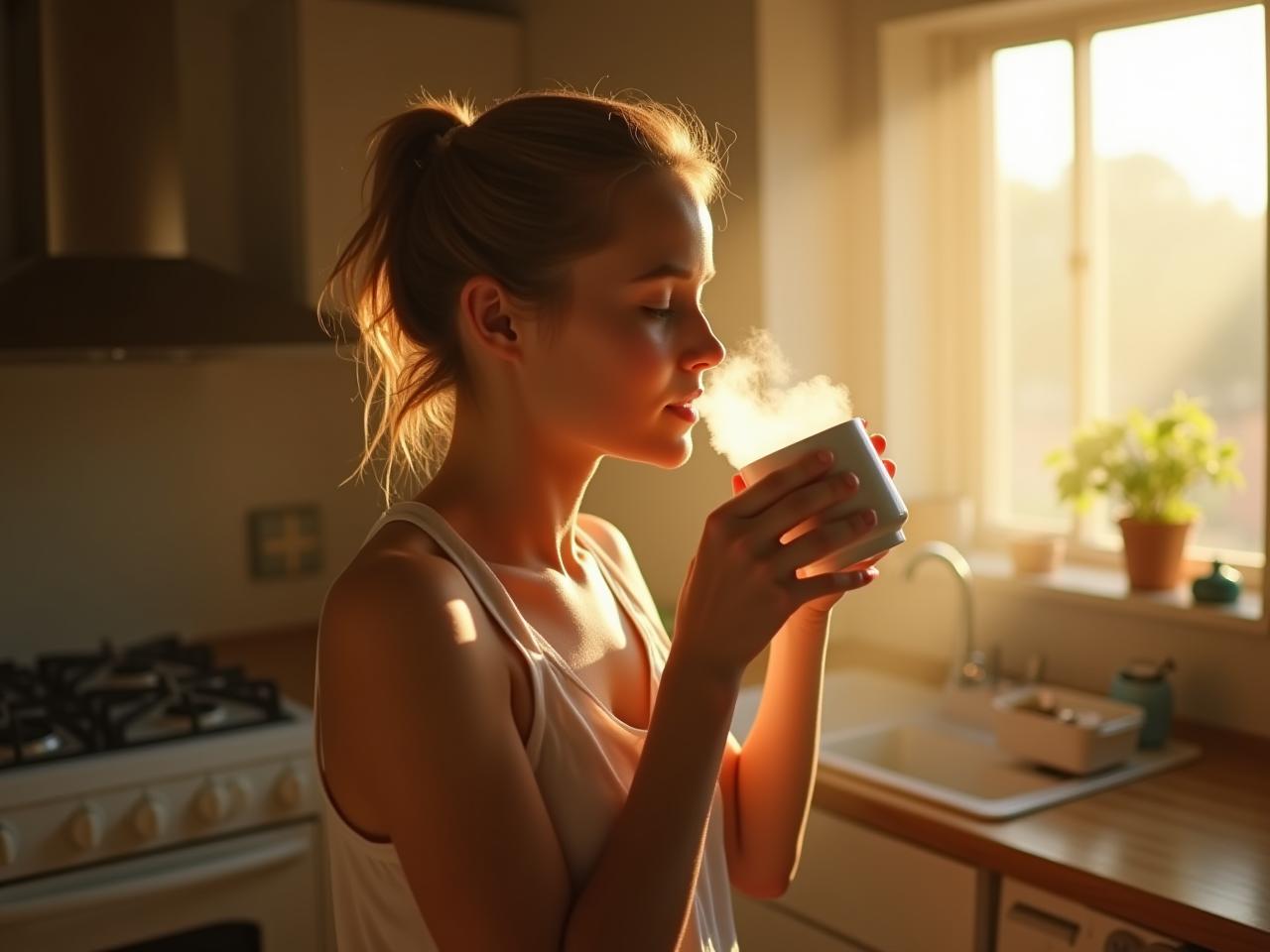 A person peacefully drinking coffee in a sunny kitchen in the morning.