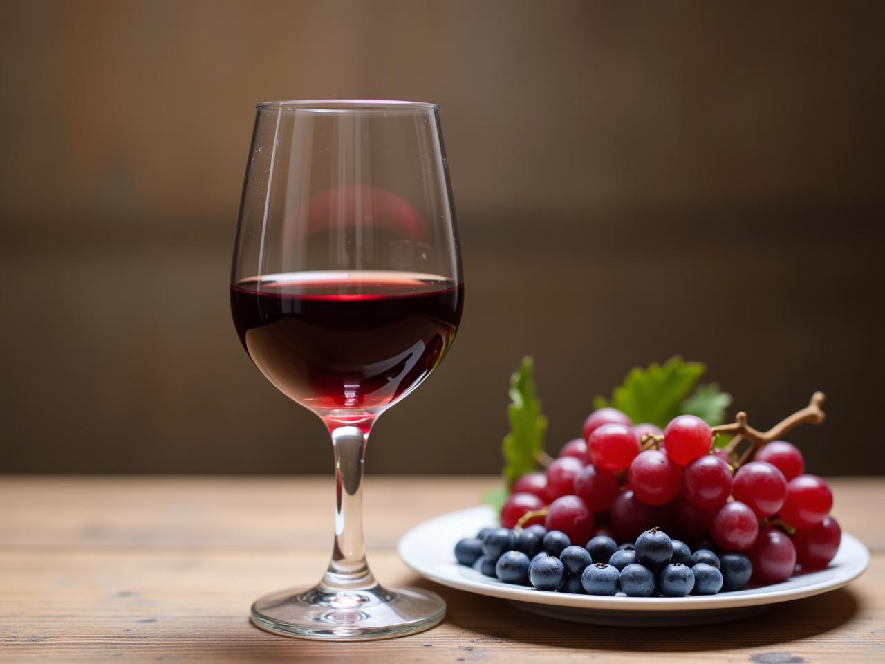 A glass of red wine next to a plate of grapes and blueberries, symbolizing a healthy approach to alcohol consumption.