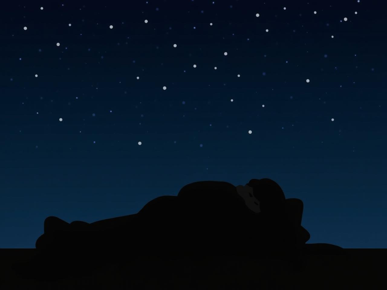 Silhouette of a fighter pilot sleeping peacefully under a starry night sky.