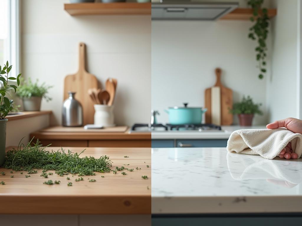 A messy kitchen counter after cooking, contrasted with a clean and organized kitchen, emphasizing the before and after effect of proper cleaning habits.