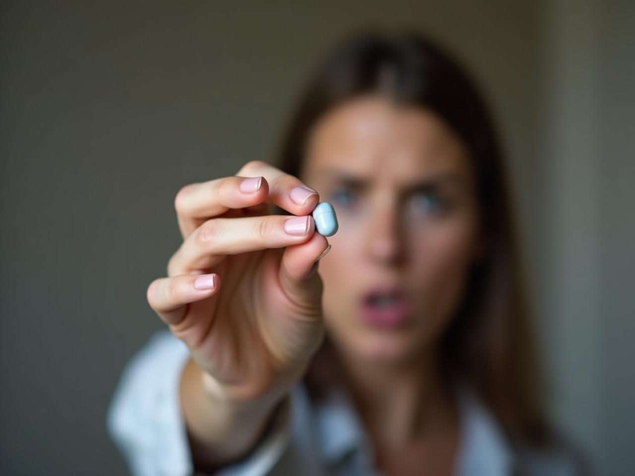 A hand holding a melatonin pill with a concerned expression in the background, suggesting the potential dangers of improper melatonin use.