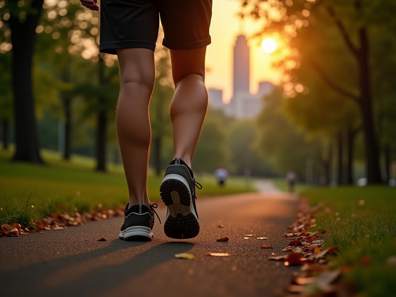Person walking on a trail in a park, surrounded by trees and sunlight, with a cityscape in the background. Close-up on feet in walking shoes.
