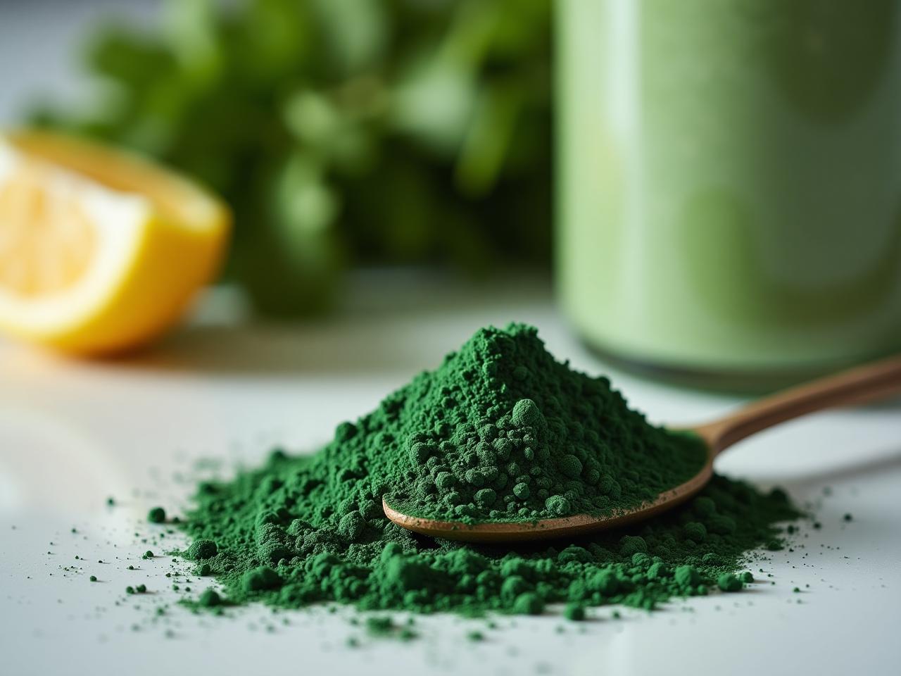 Close-up of spirulina powder with a spoon and a smoothie in the background, suggesting healthy eating and the use of spirulina as a dietary supplement.
