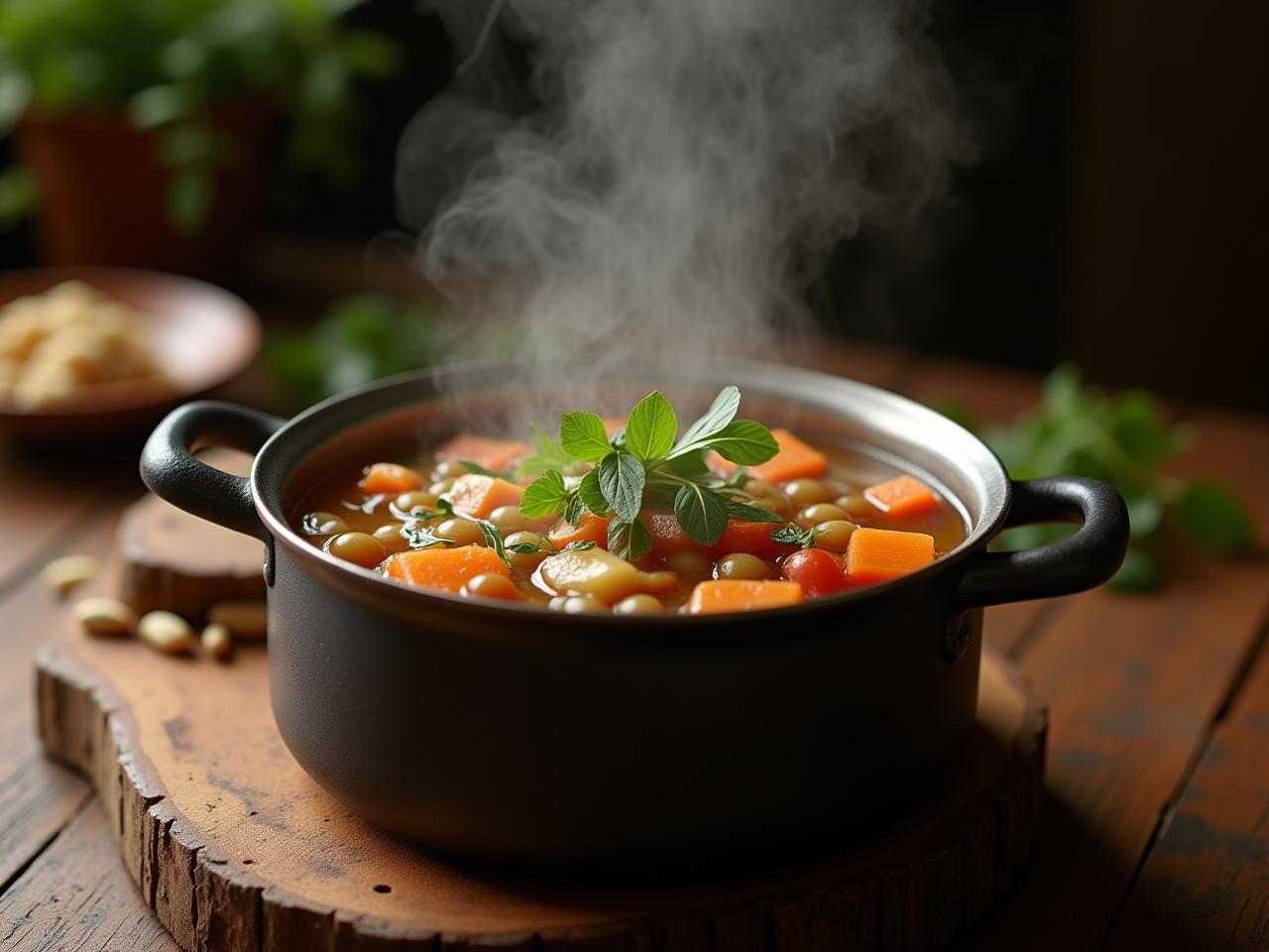 A steaming pot of bone broth with vegetables, garnished with fresh herbs, sitting on a rustic wooden table.