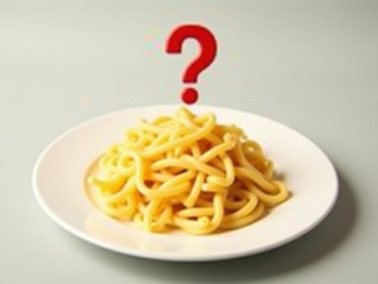 A plate of pasta with a question mark above it, symbolizing the uncertainty about its health effects.