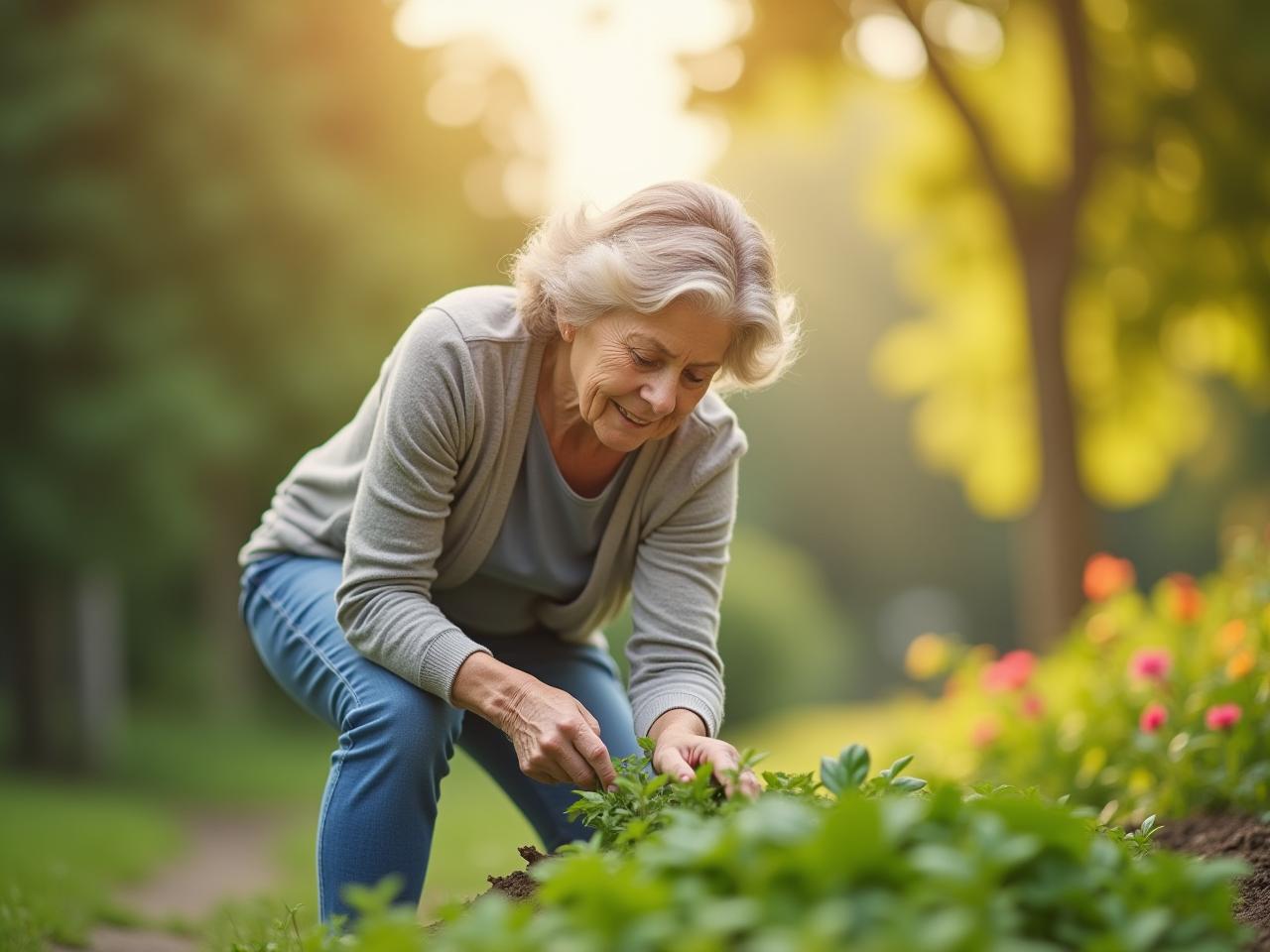 An elderly woman doing gardening, representing functional strength and activity in older age.