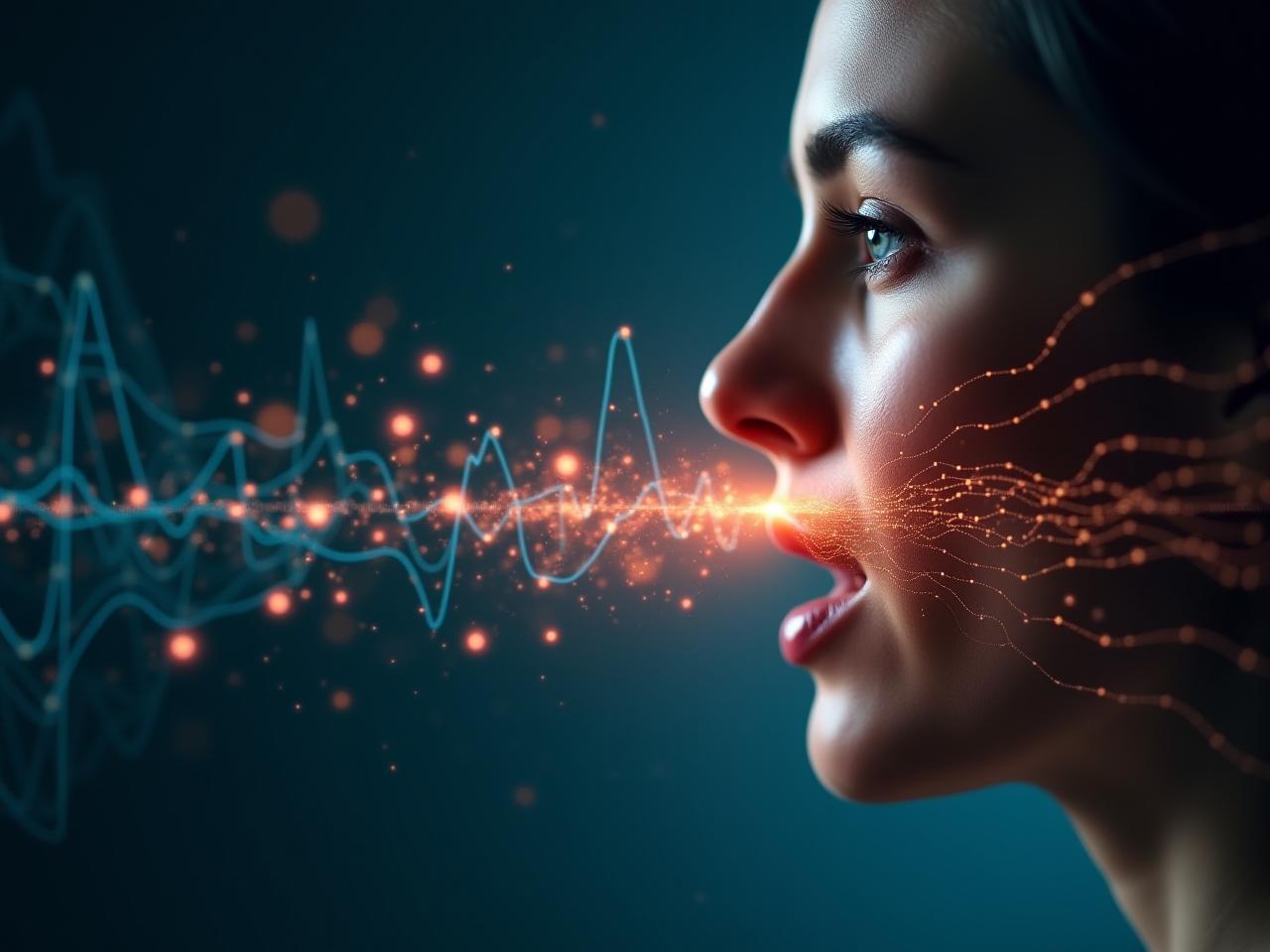 A close-up of a persons face with sound waves emanating from their mouth, overlaid with data visualizations.