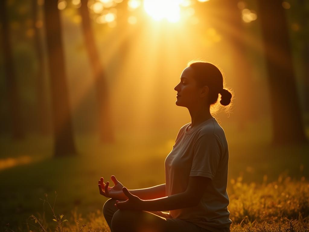 A person meditating peacefully in a natural setting, with rays of sunlight illuminating their face. The image evokes a sense of calmness and inner peace.