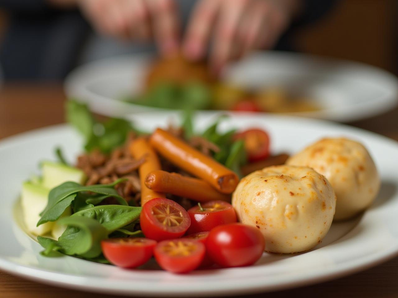 A plate of healthy dinner with vegetables and protein, avoiding simple carbohydrates. A person is seen preparing the meal in the background.