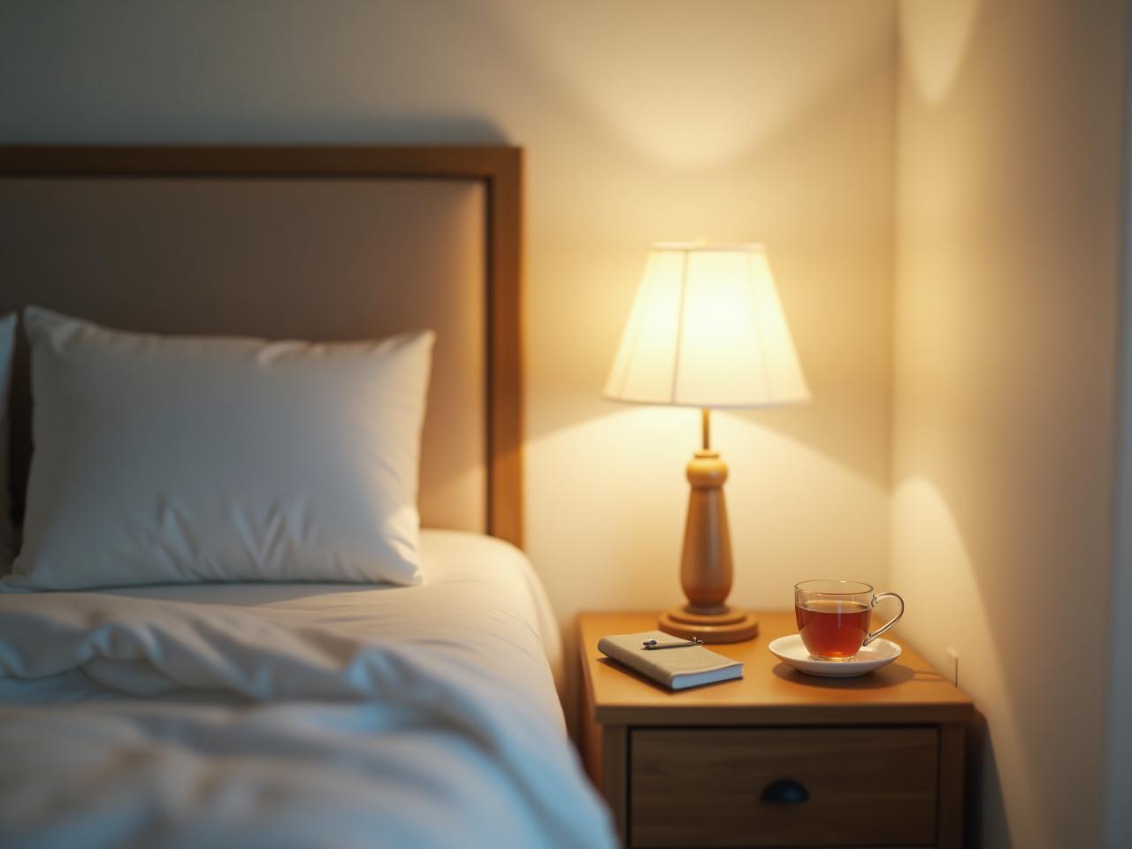 A serene bedroom scene with soft lighting, featuring a calming cup of herbal tea and a journal on the nightstand, symbolizing relaxation and better sleep habits.