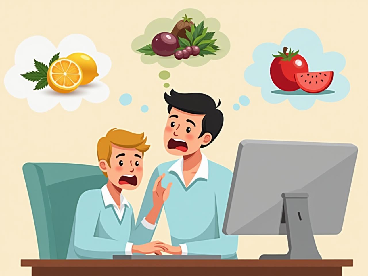 A person yawning while working on a computer, with images of magnesium, iron, and potassium-rich foods in the background.