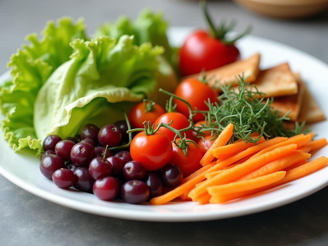 A photo of a healthy and colorful plate of food with a diverse range of vegetables, fruits, and lean protein sources, suggesting a balanced diet.