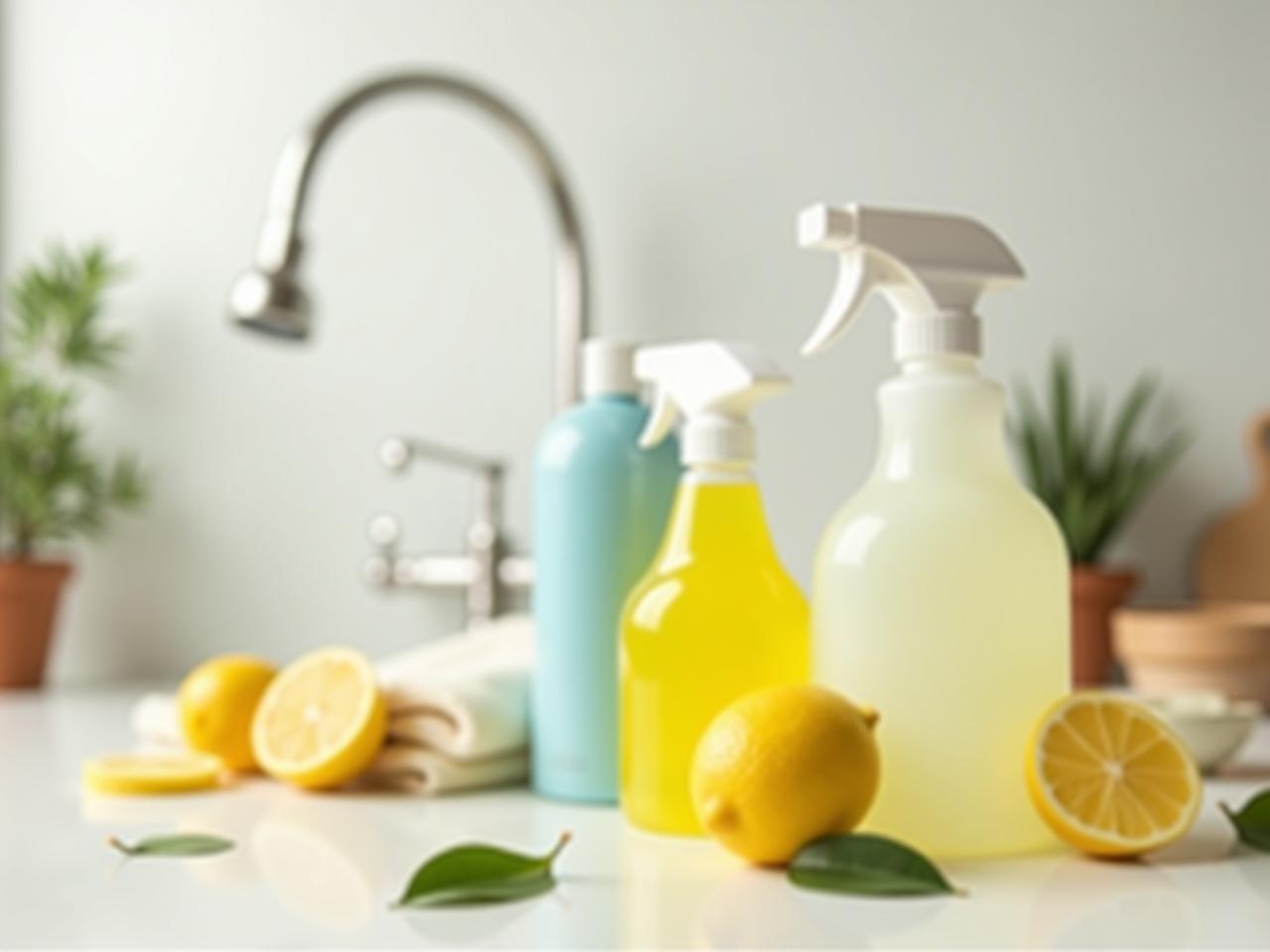A sparkling clean kitchen with lemons and cleaning supplies displayed. focus on natural cleaning.