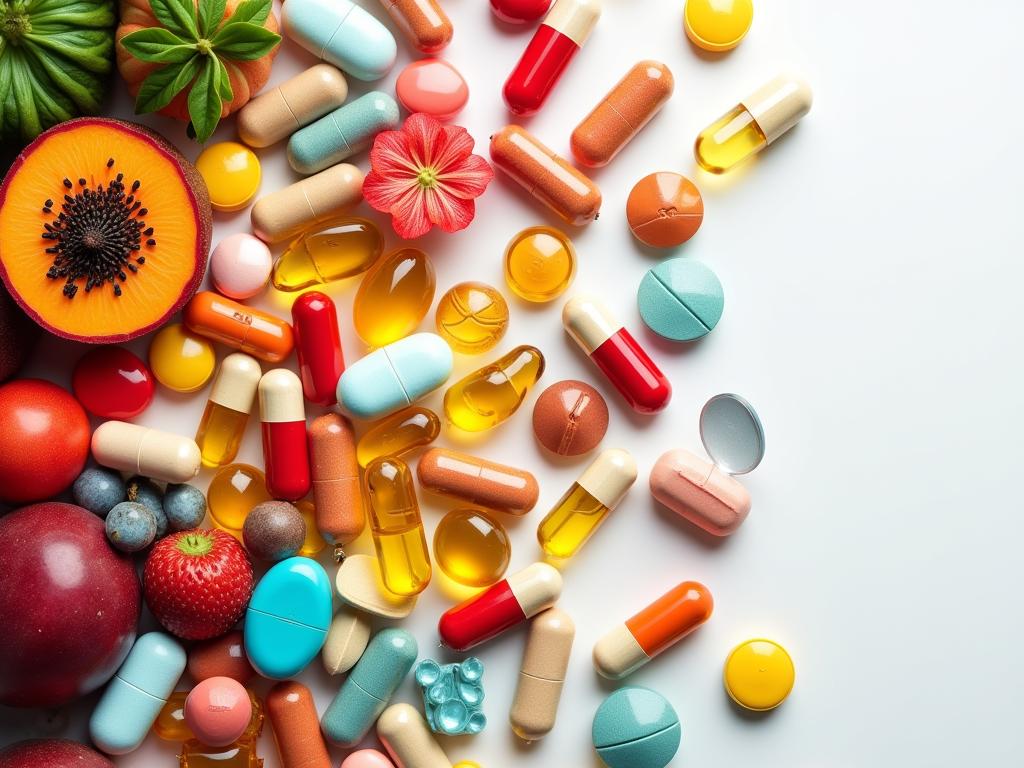 A colorful collage of various supplement pills and capsules, with some fresh fruits and vegetables in the background, symbolizing a healthy lifestyle and the importance of synergistic supplement combinations.