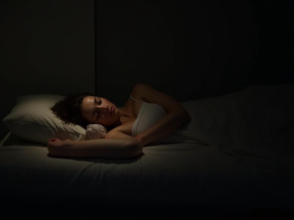 A person sleeping peacefully in a dimly lit room.