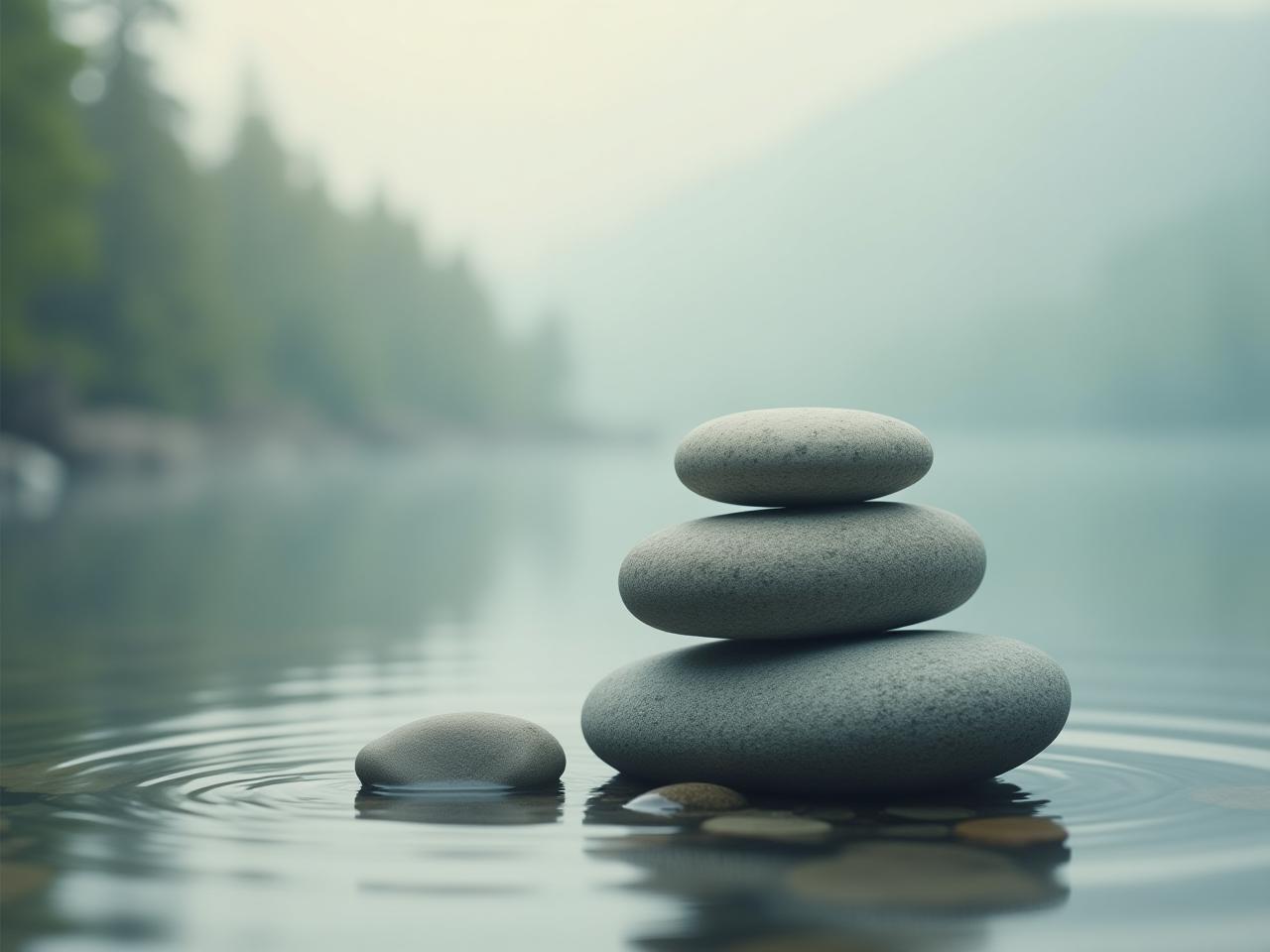 A serene image featuring a balanced composition of natural elements, such as stones and water, representing harmony and moderation. The color palette is muted and calming, reflecting the Swedish concept of Lagom.