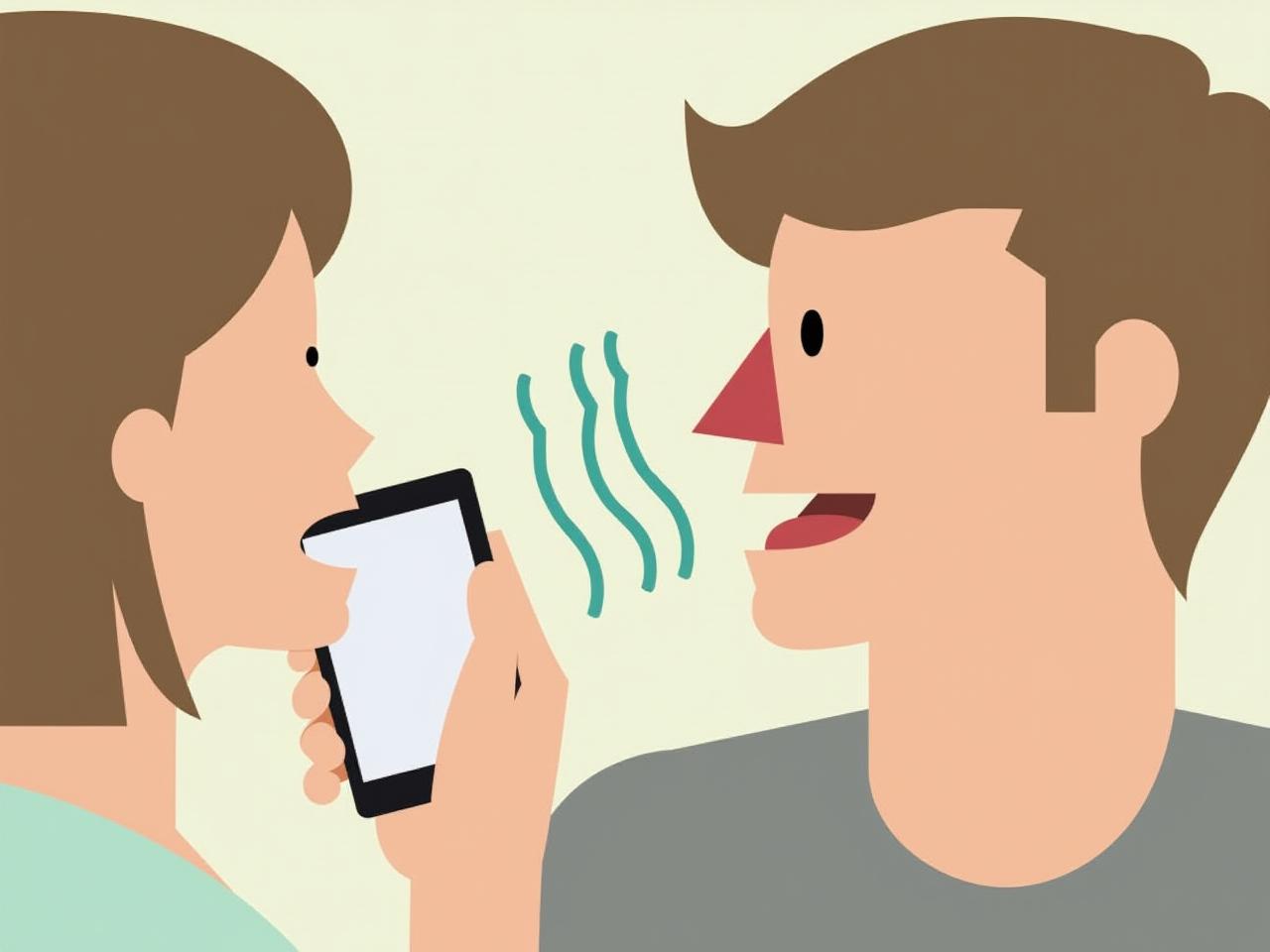 A person holding a smartphone near their face, with a visual representation of sound waves emanating from their nose and mouth.