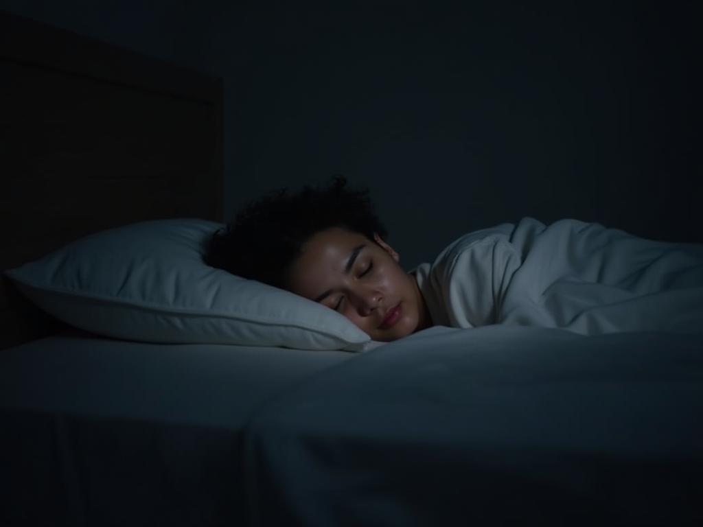 Image of a peaceful person sleeping soundly in a dark, quiet bedroom.