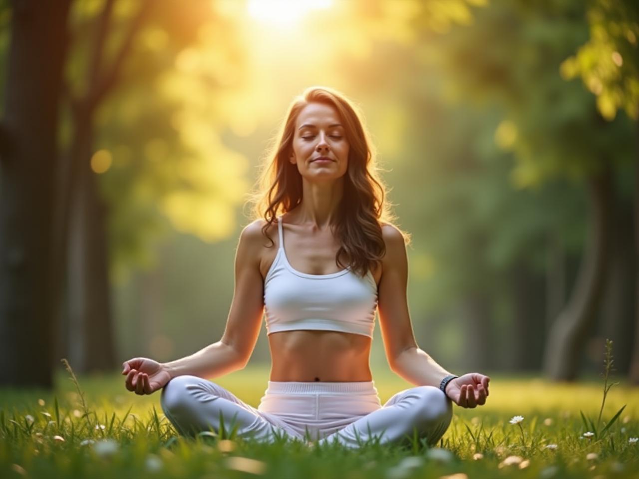 Woman meditating in a peaceful environment, surrounded by nature, focusing on her breath.