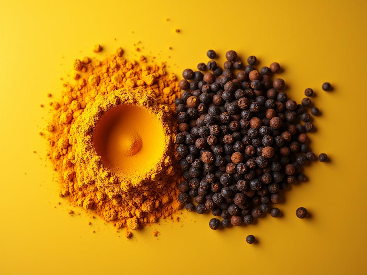 A close-up shot of turmeric and black pepper powder mixed together, symbolizing the synergistic effect between curcumin and piperine.