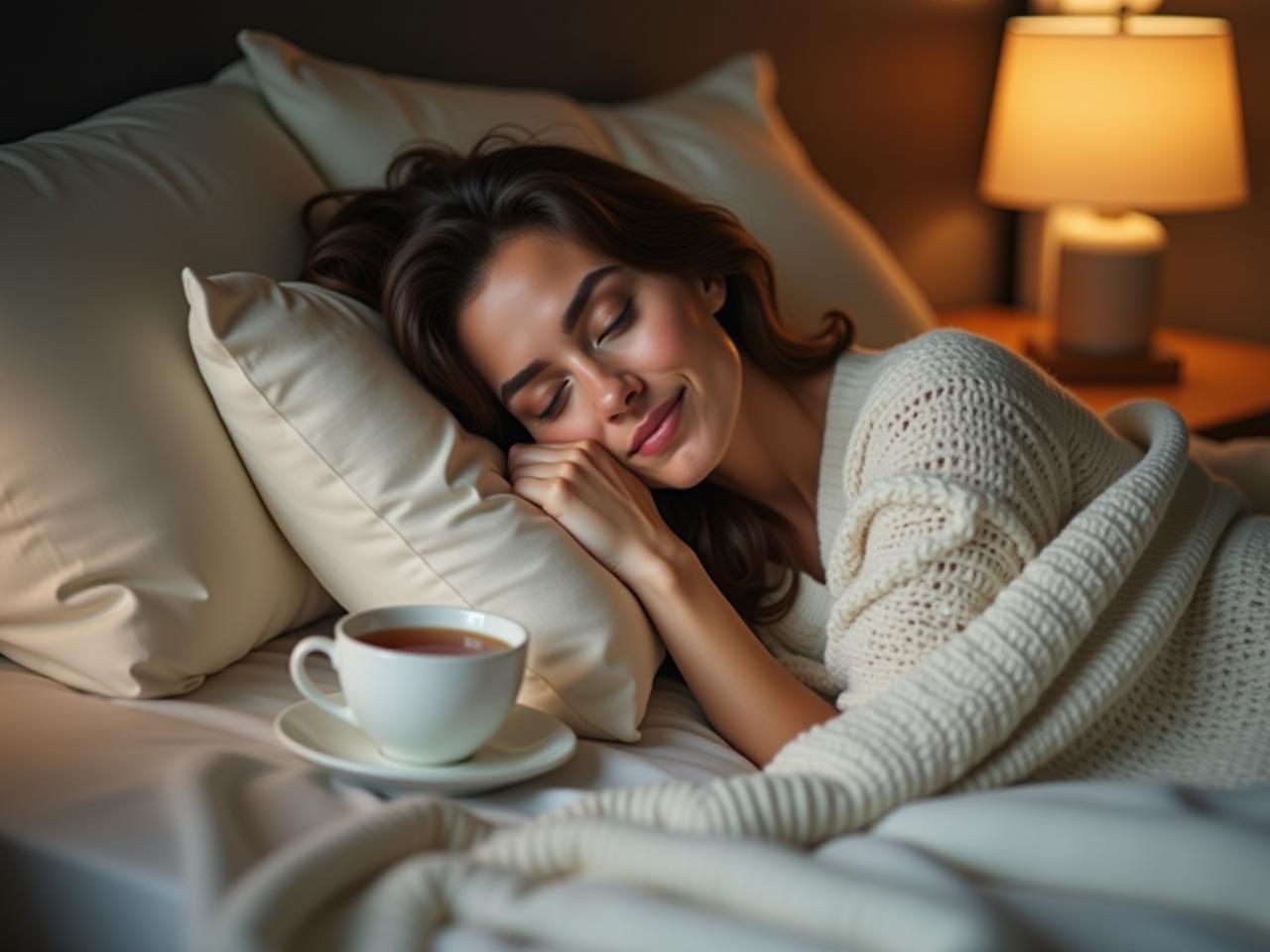 A woman peacefully sleeping in a cozy bed with a cup of herbal tea on the nightstand.