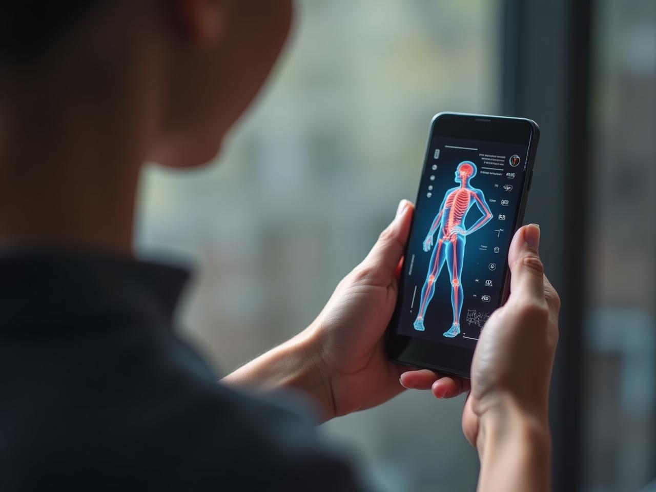 A person using a smartphone app to analyze their posture, with data visuals overlayed on the image.