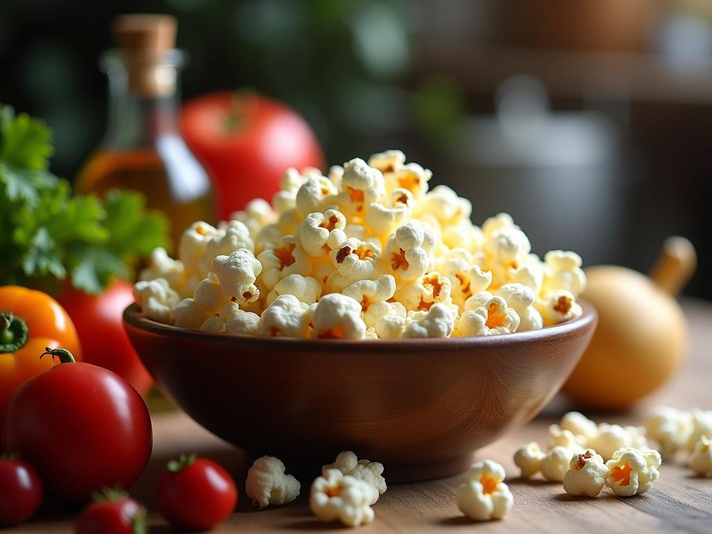 Bowl of popcorn, healthy foods like vegetables, fruits and olive oil, alongside an inflammatory processed food. Concept: The hidden danger in our kitchen.
