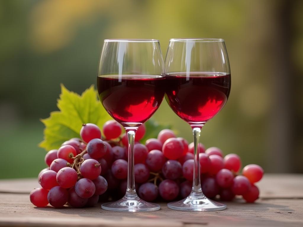 A glass of red wine next to a bunch of grapes, symbolizing health and longevity.