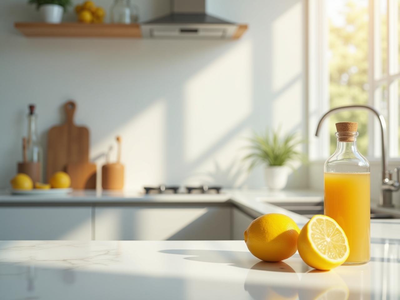A sparkling clean kitchen with lemons and baking soda on the counter