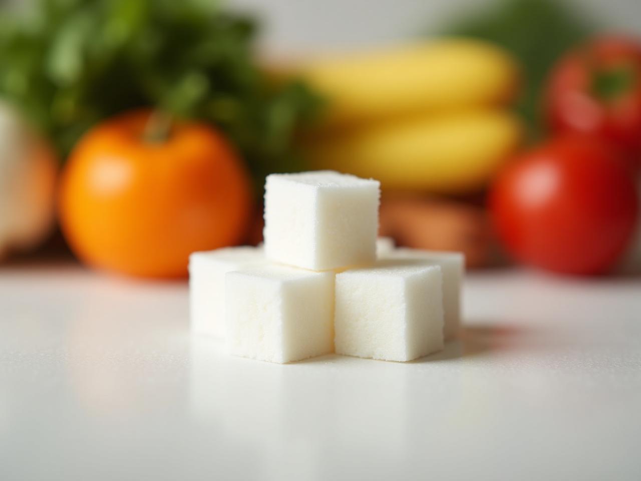 A close-up shot of sugar cubes with a blurred background of fruits and vegetables, symbolizing the balance between sugar and healthy food.
