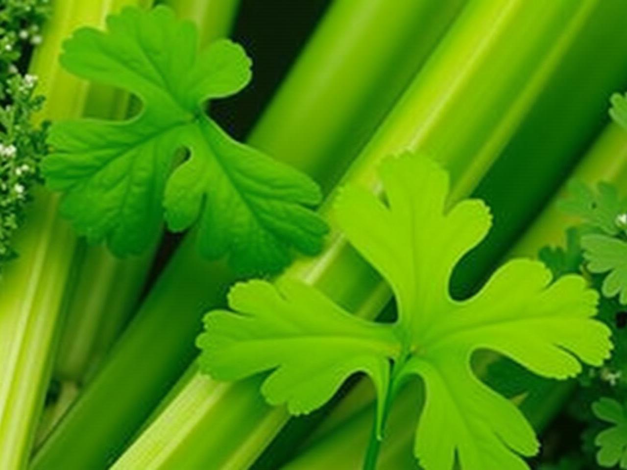 Close-up of various vegetables and herbs rich in luteolin, such as celery, green pepper, thyme, and parsley, arranged in a visually appealing composition.