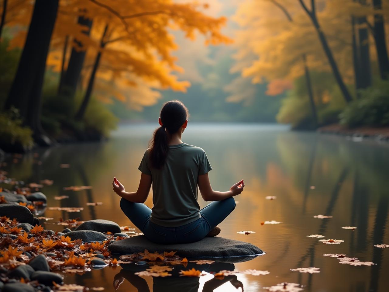 A person meditating by a calm stream, with autumn leaves floating on the water.