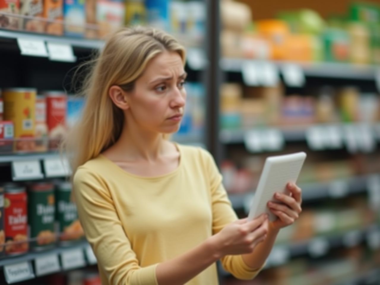 A person looking at a food label with a confused expression, symbolizing the uncertainty around food allergies.