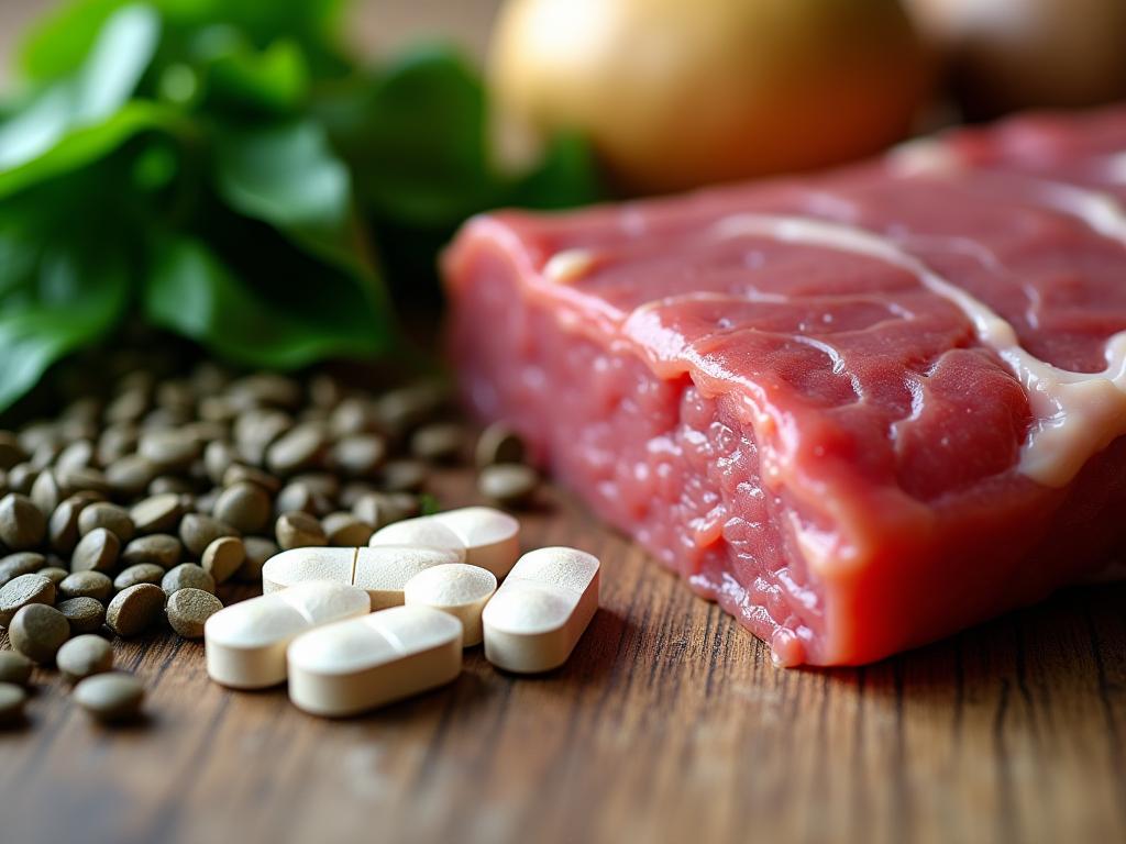 A close-up shot of various iron-rich foods like spinach, lentils, and red meat alongside iron supplement pills. The image aims to evoke a feeling of curiosity and caution.