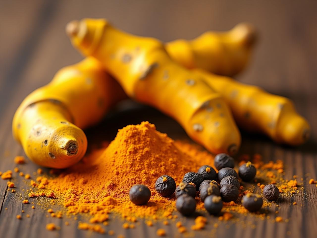 A golden turmeric root next to a pile of ground turmeric and black peppercorns on a wooden surface.