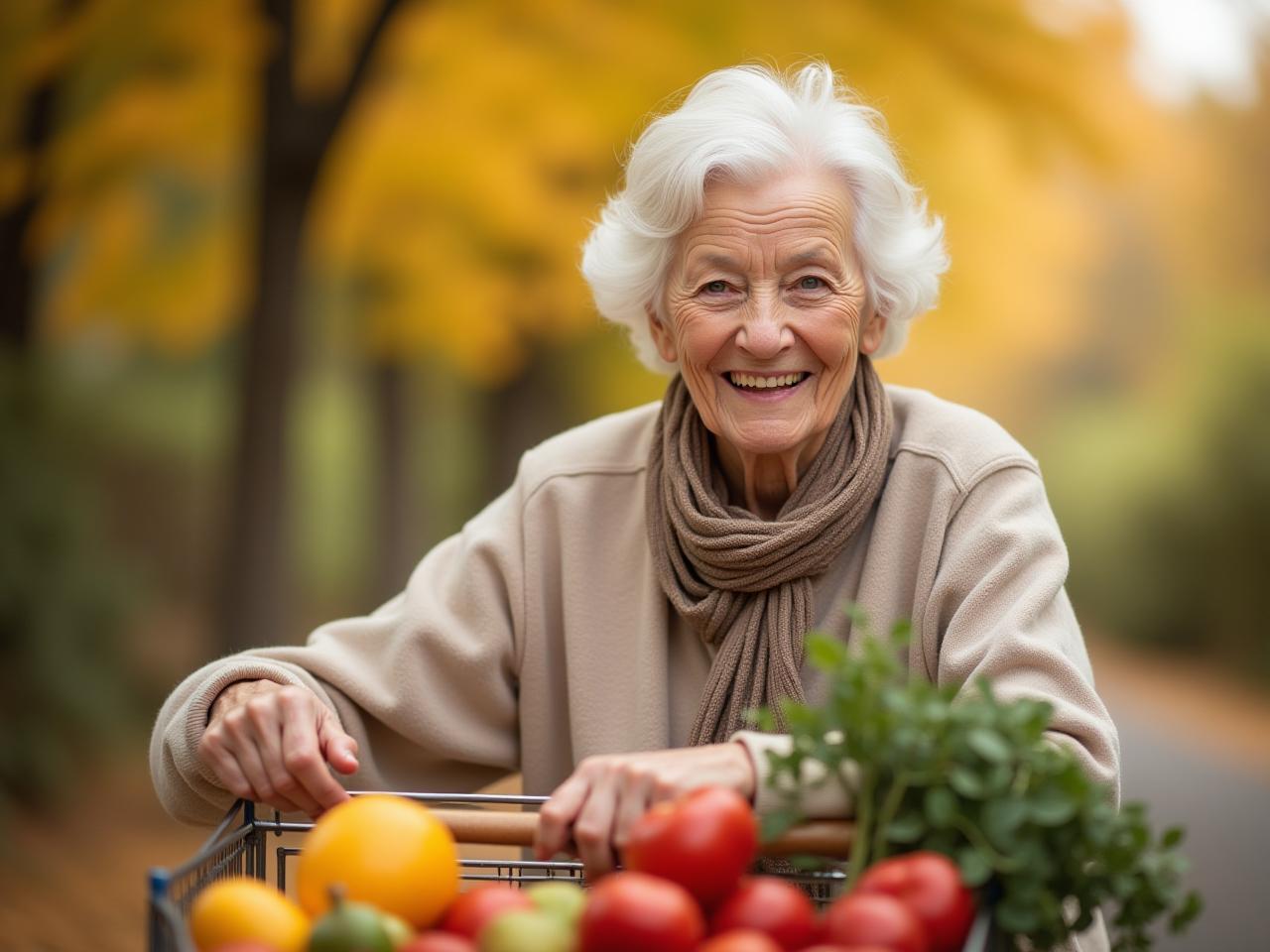 A smiling elderly woman lifting groceries, symbolizing strength and vitality in old age.
