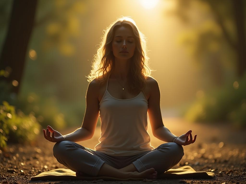A person meditating in a serene natural setting, with focus on breathing and awareness.