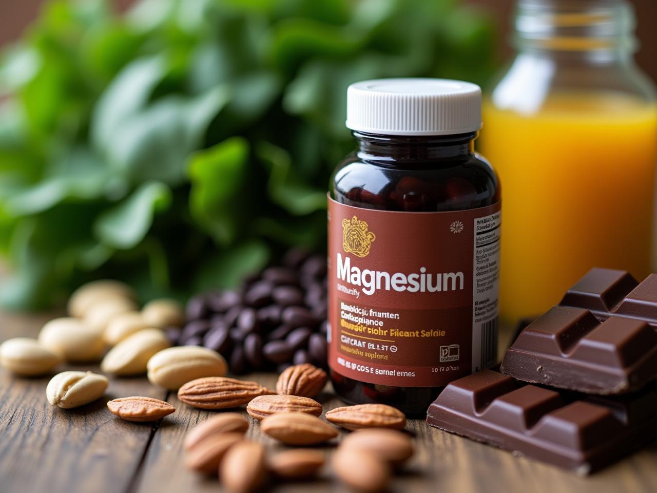Close-up of various foods rich in magnesium, such as dark leafy greens, nuts, seeds, and dark chocolate, arranged around a bottle of magnesium supplement capsules.